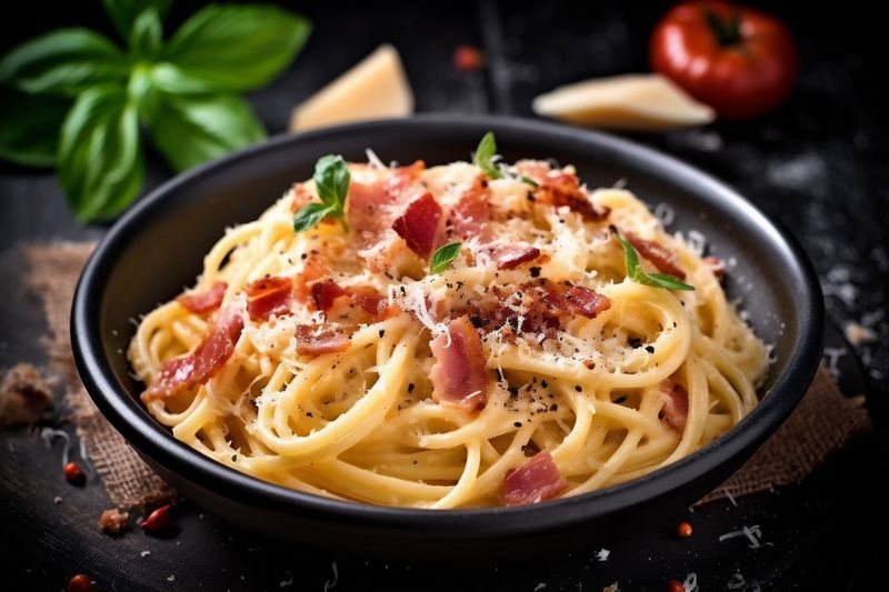 sauce cheese pasta spaghetti food italian bacon meat meal carbonara. Generative AI.