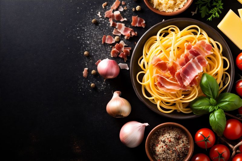 spaghetti bacon pasta food meal carbonara cheese meat sauce italian. Generative AI.