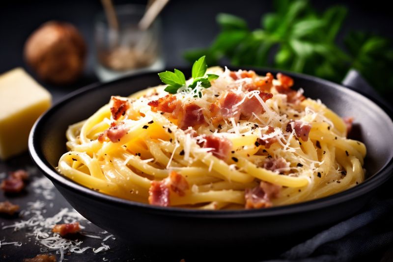 bacon spaghetti food italian sauce pasta meat meal cheese carbonara. Generative AI.