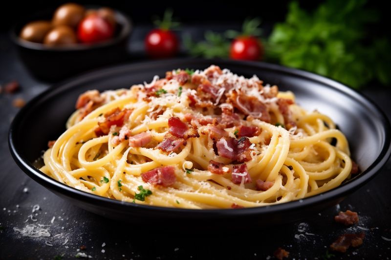 italian food sauce spaghetti carbonara meat pasta bacon cheese meal. Generative AI.