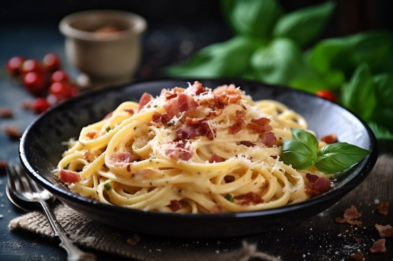cheese meat italian meal food sauce spaghetti carbonara bacon pasta. Generative AI.