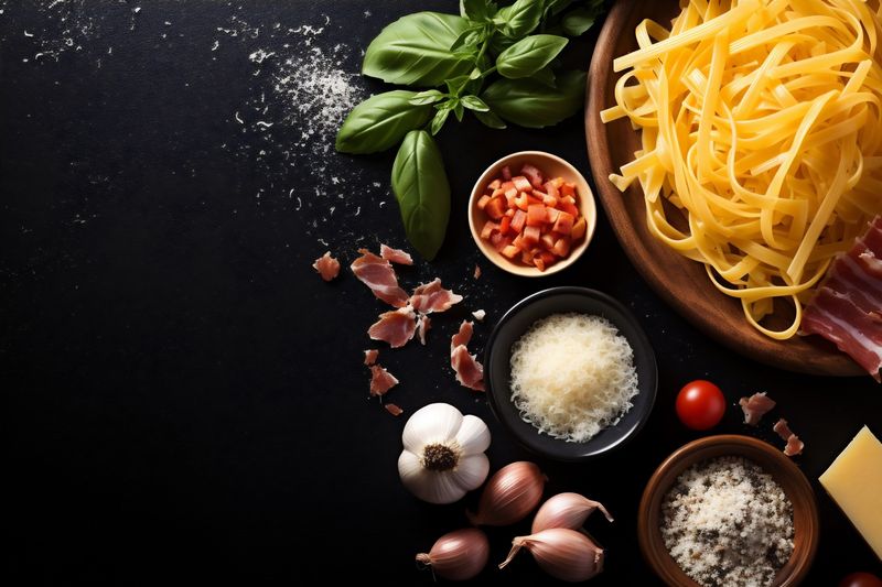 meal sauce bacon food spaghetti meat cheese pasta carbonara italian. Generative AI.