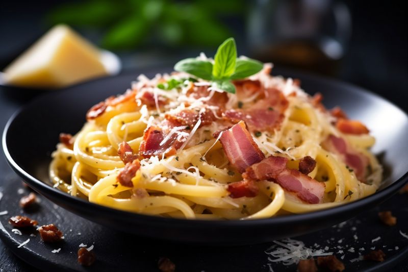 meal carbonara pasta food meat cheese spaghetti sauce italian bacon. Generative AI.