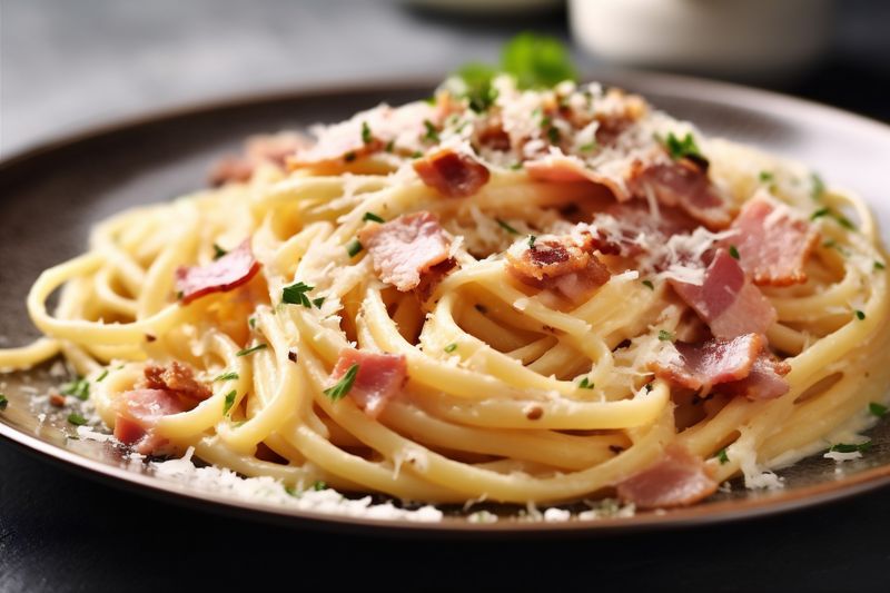 food cheese italian pasta bacon meat spaghetti carbonara sauce meal. Generative AI.
