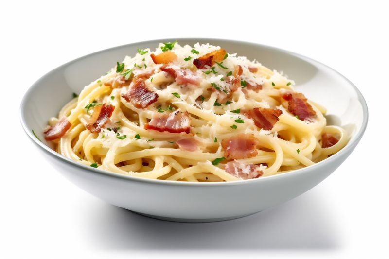 meat meal bacon pasta spaghetti cheese italian food carbonara sauce. Generative AI.