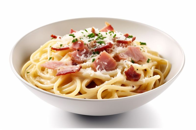 spaghetti italian bacon sauce meal carbonara cheese pasta meat food. Generative AI.