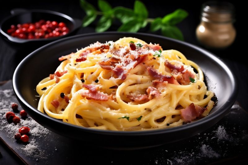 pasta italian spaghetti cheese food meat sauce bacon meal carbonara. Generative AI.