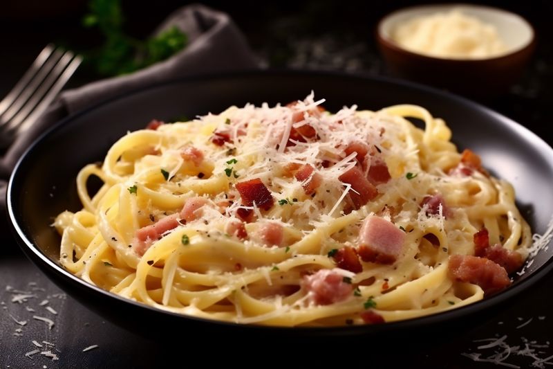 spaghetti italian bacon sauce pasta meat meal cheese carbonara food. Generative AI.
