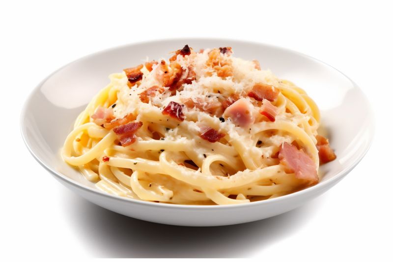 cheese food italian carbonara pasta background delicious spaghetti plate isolated lunch. Generative AI.