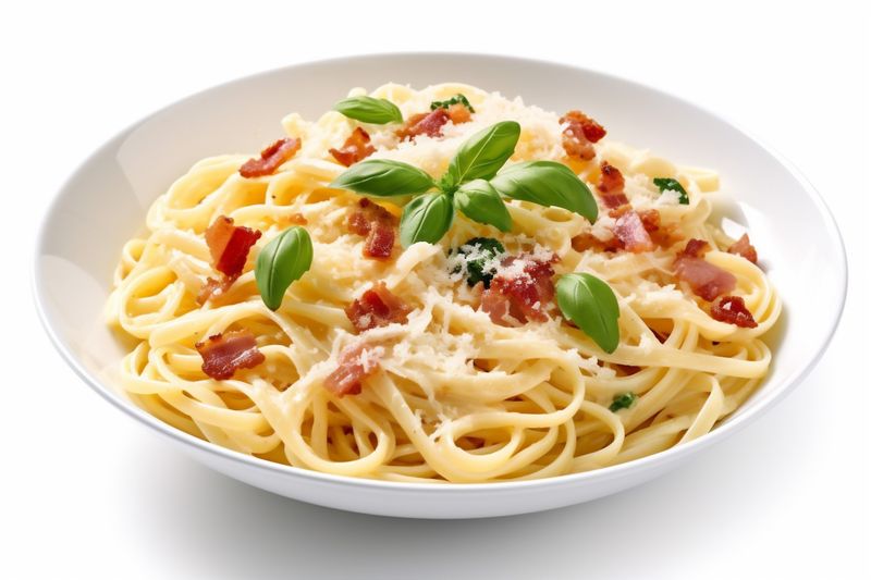 pasta italian mushroom lunch carbonara isolated spaghetti cheese background plate food. Generative AI.