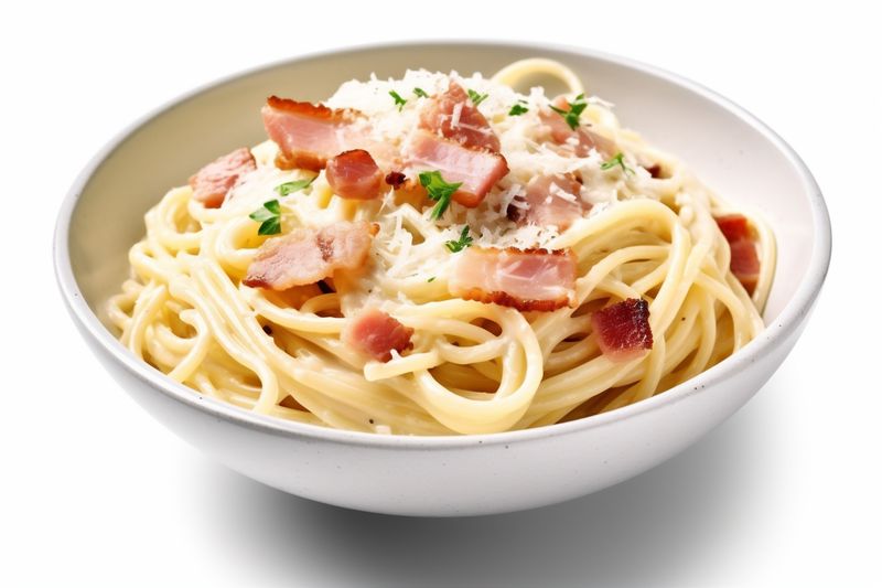 plate carbonara recipe food lunch spaghetti italian cheese isolated pasta background. Generative AI.