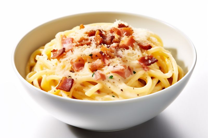 food fresh pasta plate lunch italian carbonara spaghetti background cheese isolated. Generative AI.