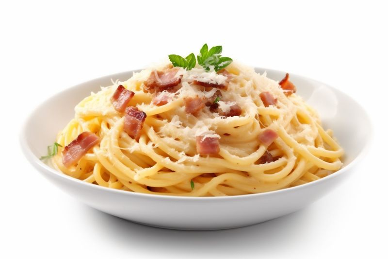 italian meat cheese plate background food isolated carbonara pasta lunch spaghetti. Generative AI.
