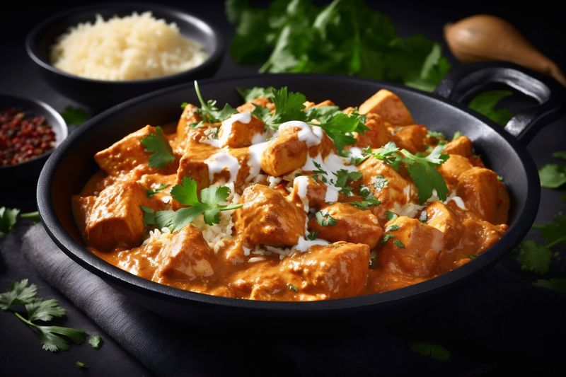 chicken traditional rice indian masala sauce background hot asian dark restaurant. Generative AI.