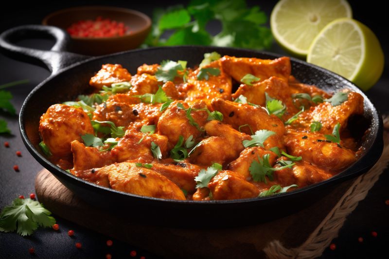 dark butter hot traditional indian sauce rice background masala chicken asian. Generative AI.