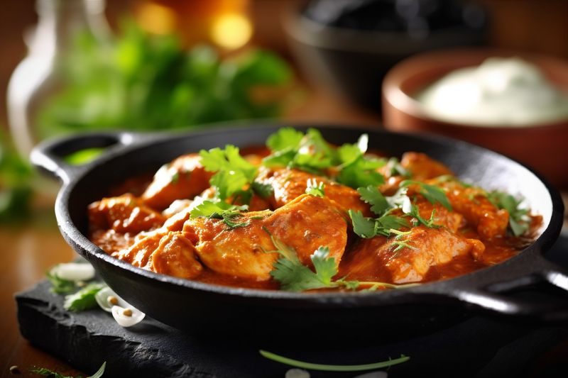 traditional chicken asian rice background indian dark curry sauce hot masala. Generative AI.