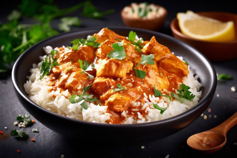 rice traditional dark indian basmati background asian masala sauce hot chicken. Generative AI.