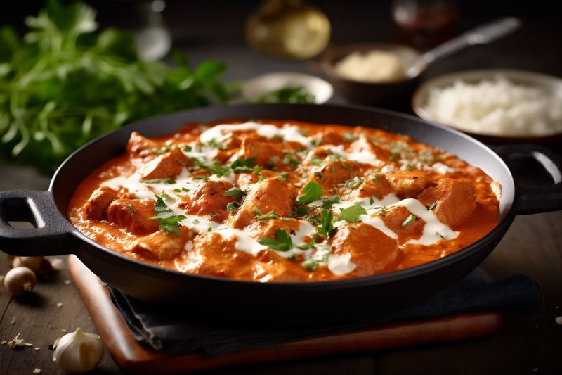 masala chicken indian meal hot traditional background dark sauce rice asian. Generative AI.