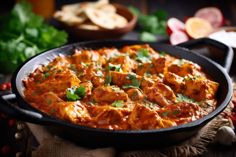 indian sauce wooden rice chicken dark masala hot asian background traditional. Generative AI.