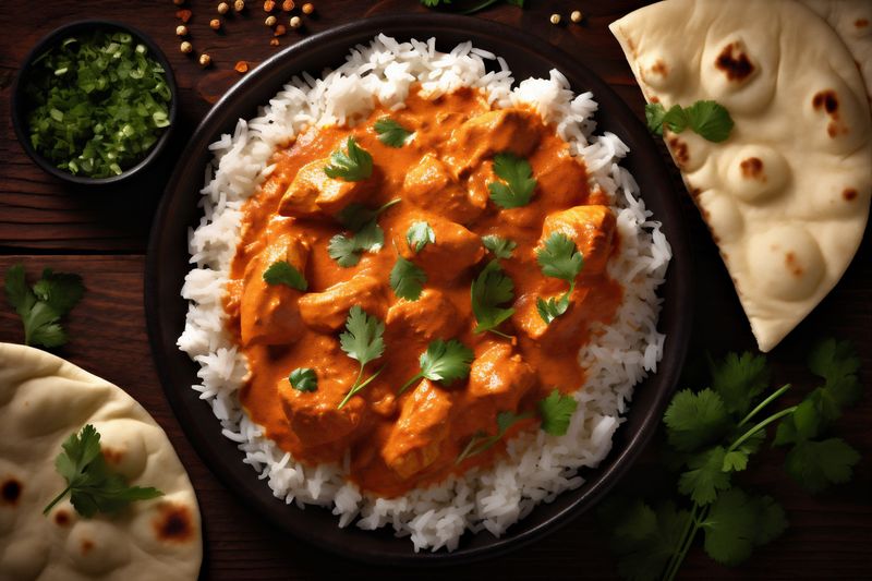 indian dark asian chicken hot wooden background masala rice sauce traditional. Generative AI.