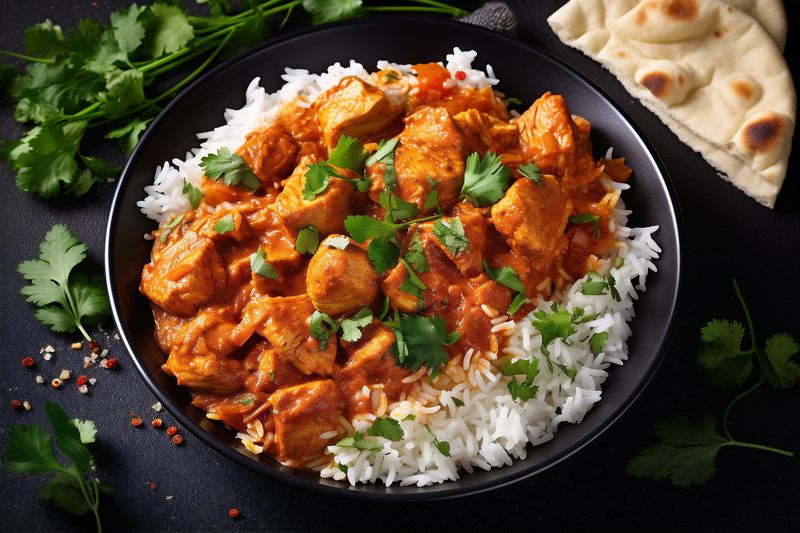 hot sauce background masala asian dark dinner traditional indian rice chicken. Generative AI.