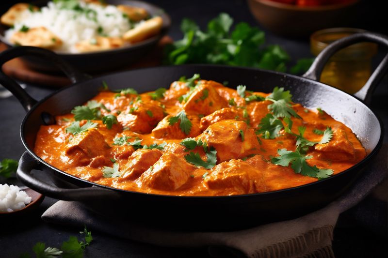 traditional rice chicken indian dark hot sauce butter asian masala background. Generative AI.