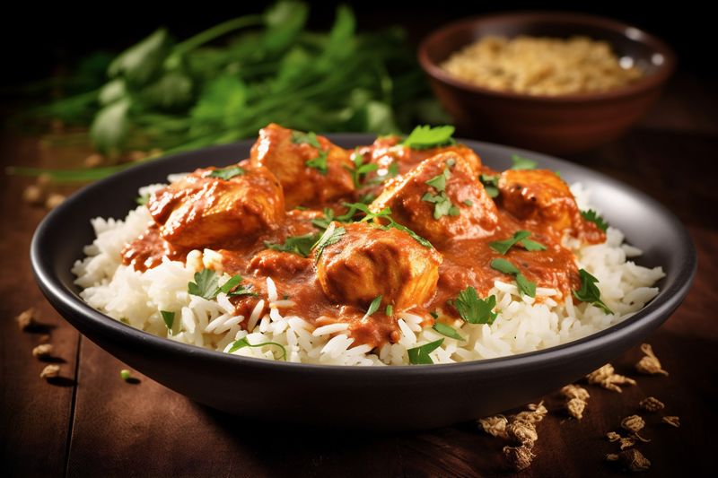 cuisine background sauce indian traditional asian rice masala chicken dark hot. Generative AI.