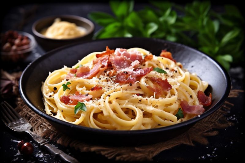 bacon italian food cheese meat sauce spaghetti pasta meal carbonara. Generative AI.