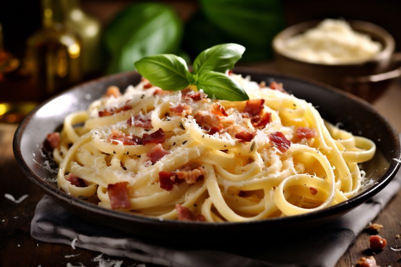 spaghetti pasta italian bacon sauce meat cheese meal carbonara food. Generative AI.