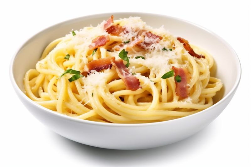 plate carbonara food italian cheese lunch spaghetti meat pasta isolated background. Generative AI.