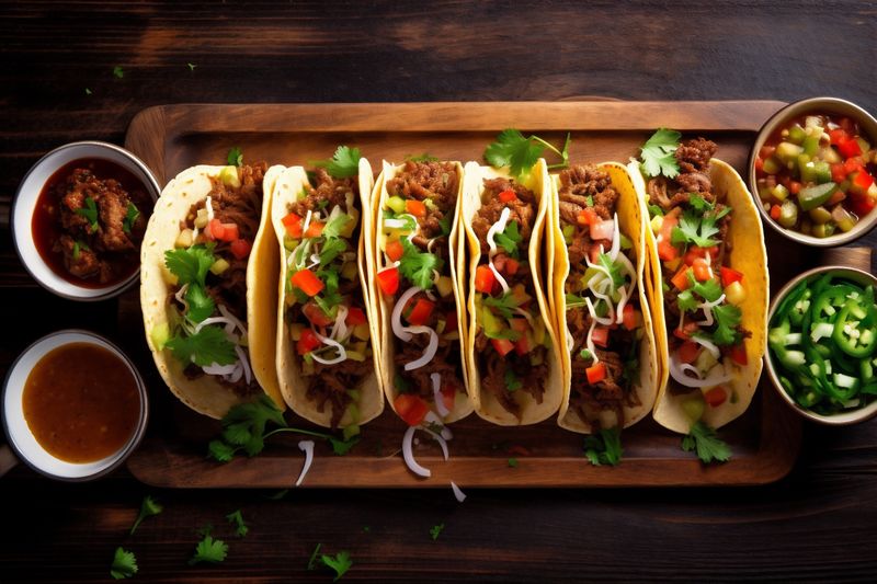 taco meal pepper sauce vegetable food chili fresh tomato mexican. Generative AI.