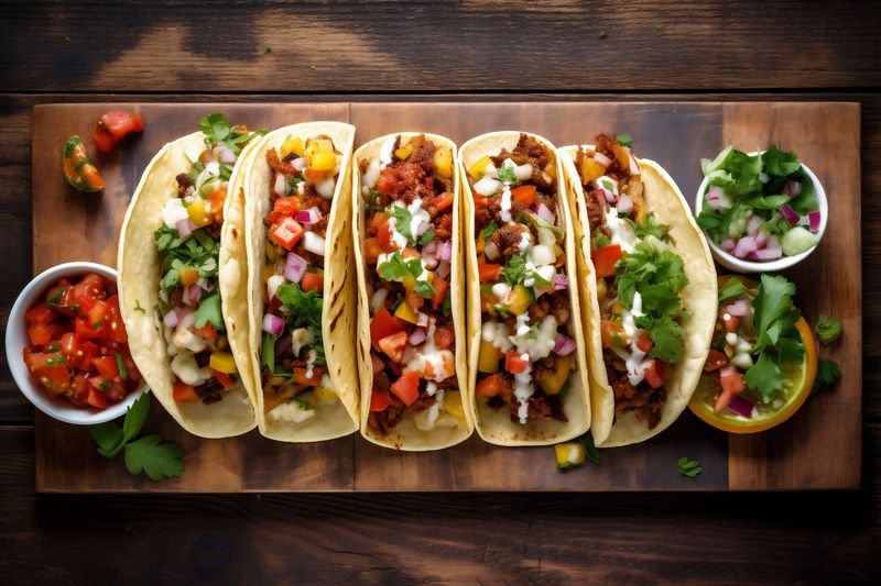 fresh tomato pepper food chili sauce meal mexican taco vegetable. Generative AI.