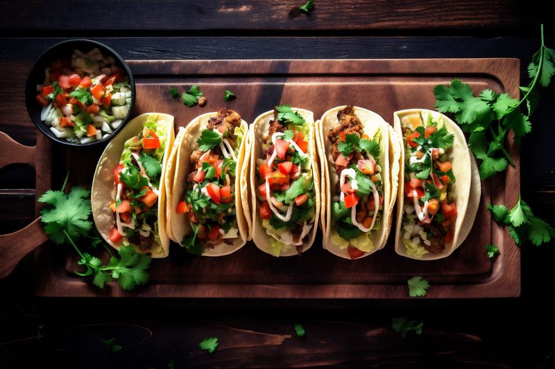 taco chili mexican tomato pepper sauce fresh food vegetable meal. Generative AI.