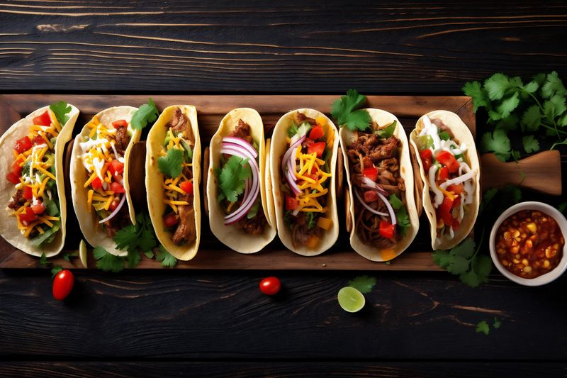 food tomato sauce taco meal vegetable mexican pepper fresh chili. Generative AI.