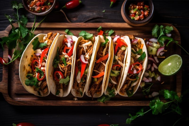 sauce vegetable tomato pepper taco fresh food meal chili mexican. Generative AI.