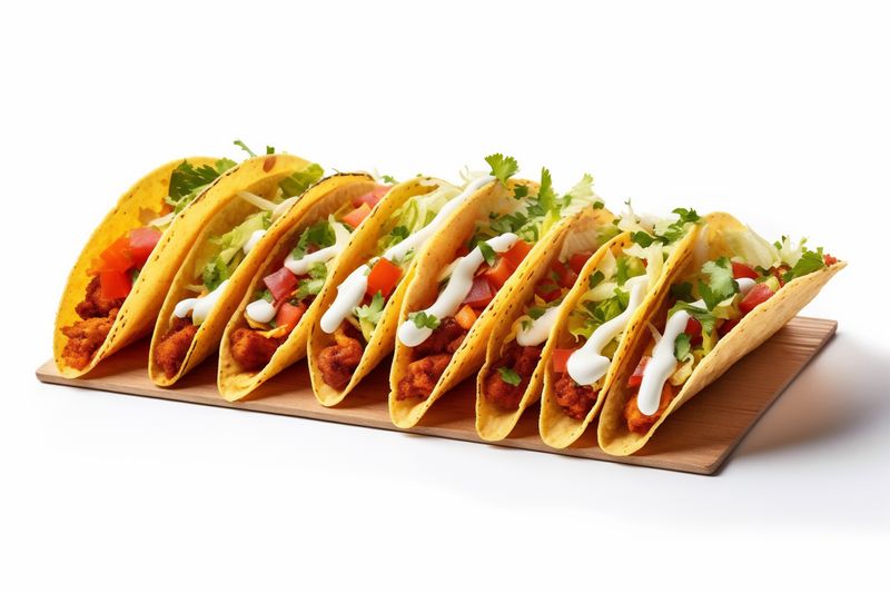 meat on isolated vegetable white tomato white tortilla beef taco food mexican. Generative AI.