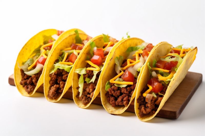 tomato meat white taco beef tortilla on white food vegetable mexican isolated. Generative AI.