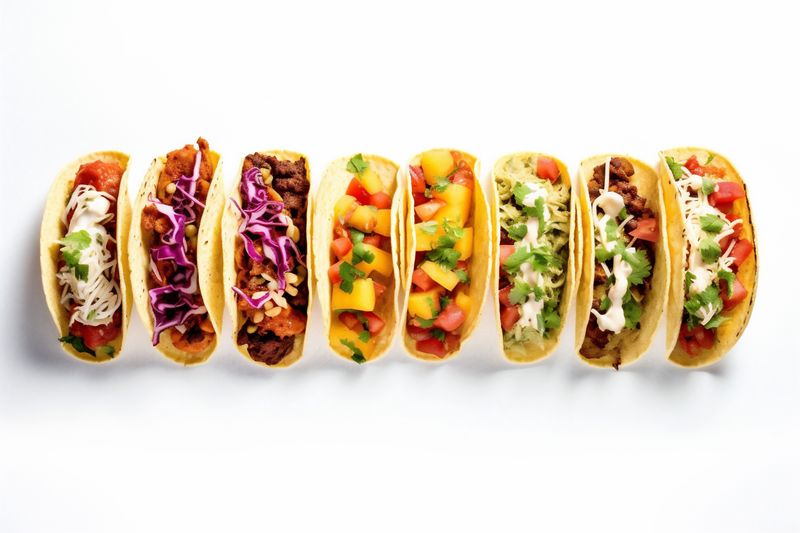 isolated beef tomato white food tortilla white mexican meat vegetable on taco. Generative AI.