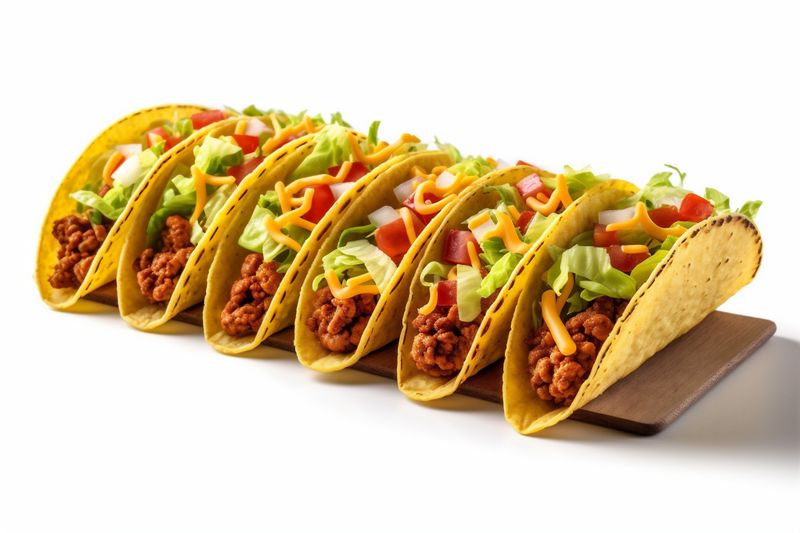 food tomato isolated mexican meat white beef white taco vegetable on tortilla. Generative AI.