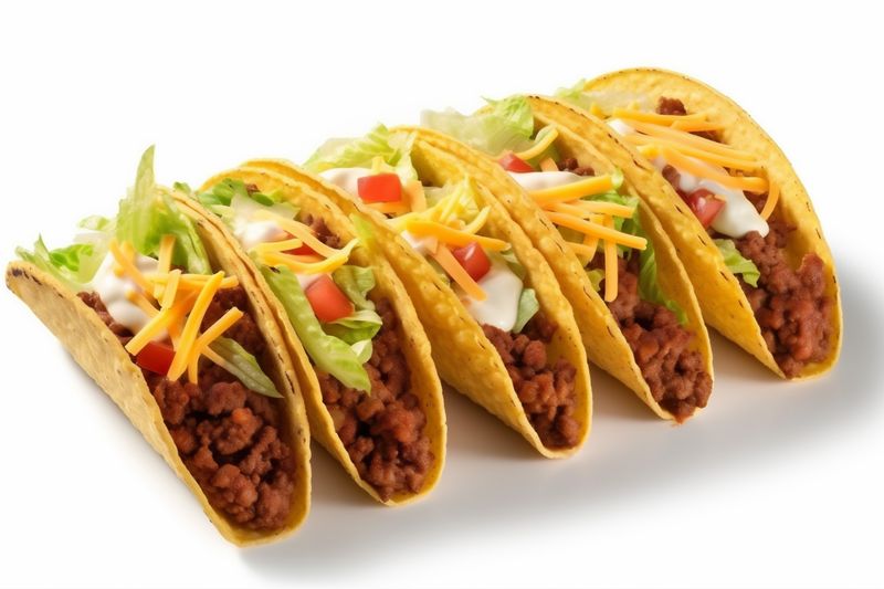 mexican beef isolated on tortilla white taco food white meat vegetable tomato. Generative AI.
