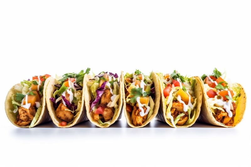 isolated white vegetable taco meat food tomato tortilla mexican on white beef. Generative AI.
