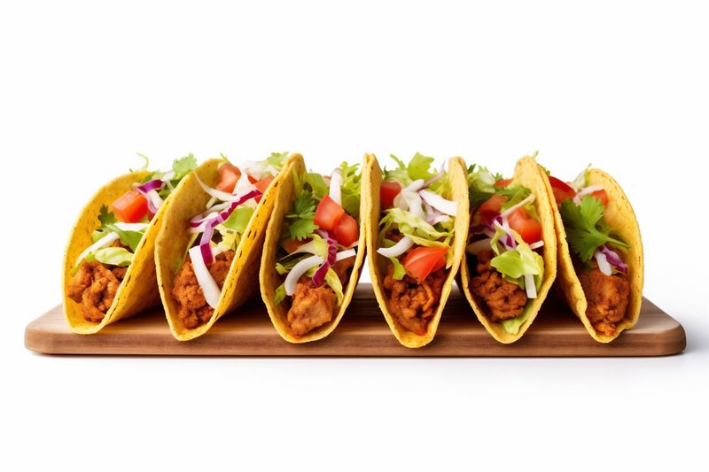 vegetable on meat taco tomato tortilla isolated white beef mexican white food. Generative AI.