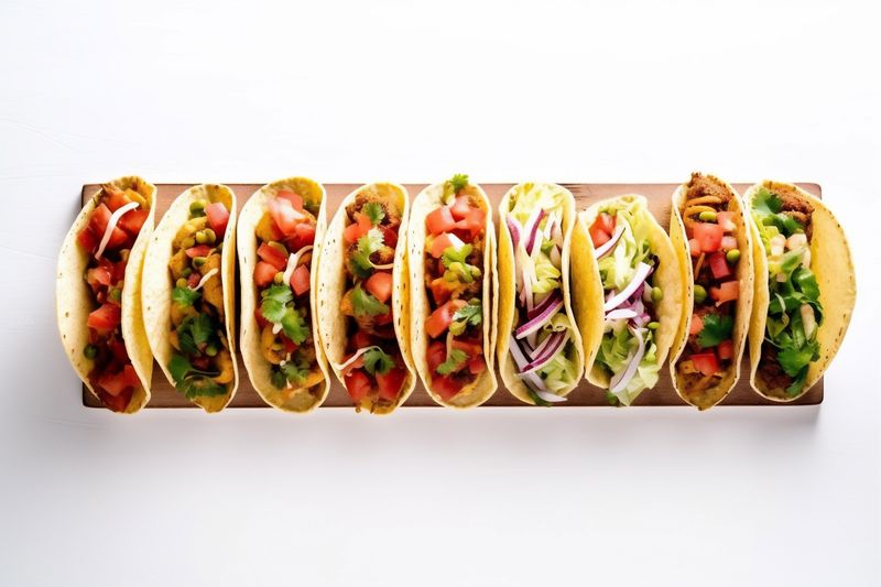 beef taco vegetable isolated food mexican tortilla on white tomato meat white. Generative AI.