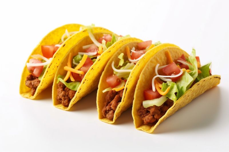 vegetable mexican on tomato beef tortilla white food white meat taco isolated. Generative AI.