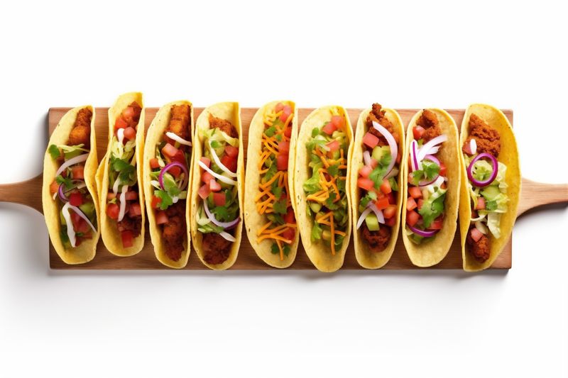 meat tortilla on vegetable taco food white beef isolated white mexican tomato. Generative AI.