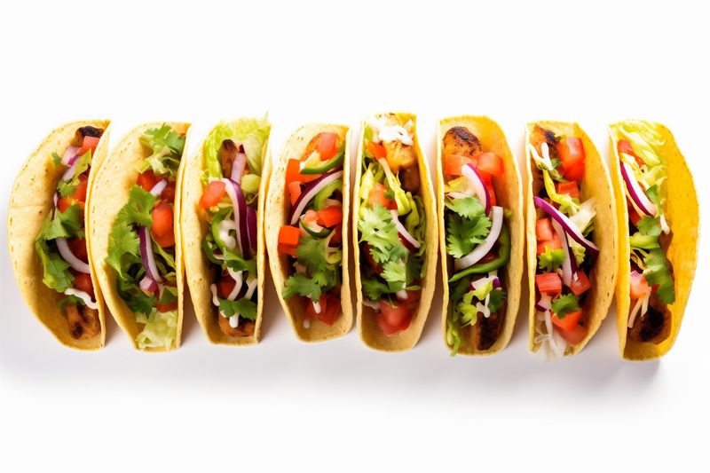 tomato tortilla mexican white vegetable taco food white beef meat isolated on. Generative AI.