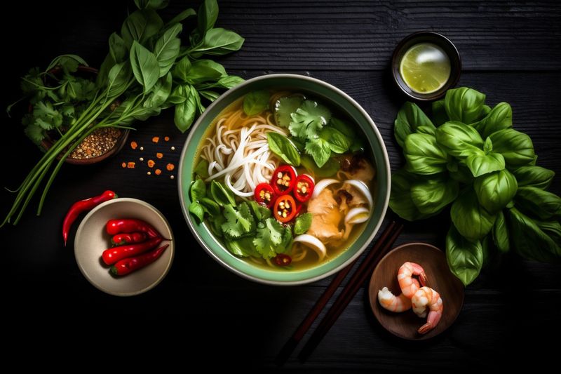meal bowl meat japanese vegetable hot background asian food noodle soup. Generative AI.