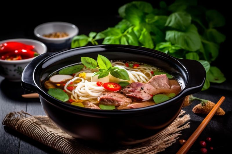 food soup meal vegetable bowl tasty background noodle asian japanese hot. Generative AI.