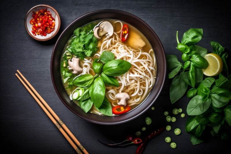 japanese bowl asian soup chili noodle vegetable background meal food hot. Generative AI.