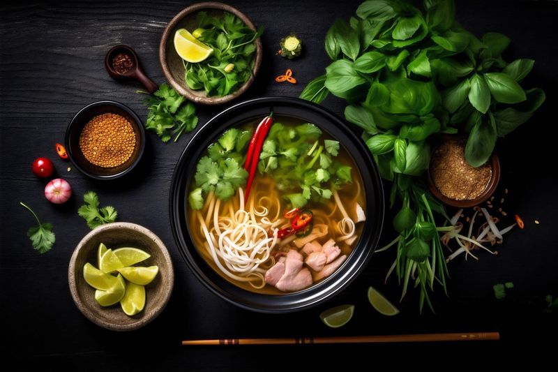 noodle meal vegetable japanese food dish hot soup bowl asian background. Generative AI.